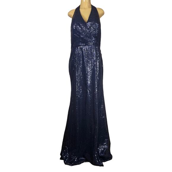 B2 Jasmine Long V-neck Halter Sequin Bridesmaid Dress Gown Midnight Blue Size 18 - Picture 1 of 11